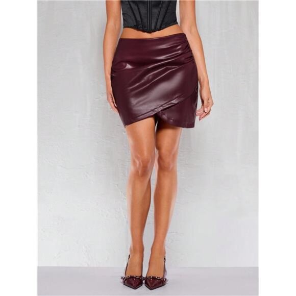 Variété Boutique Dresses & Skirts - Women's Solid Color Pleated PU Leather Wrap Hem Stylish Mini Skirt